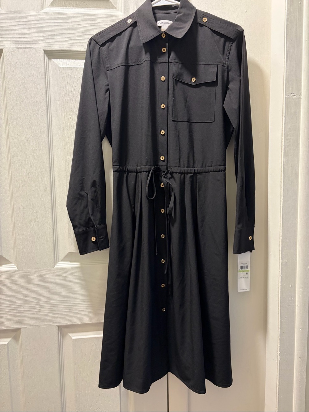 NWT Calvin Klein Black Cinched Tie Front Pocket Shirt Gold Buttons Dress Size 4